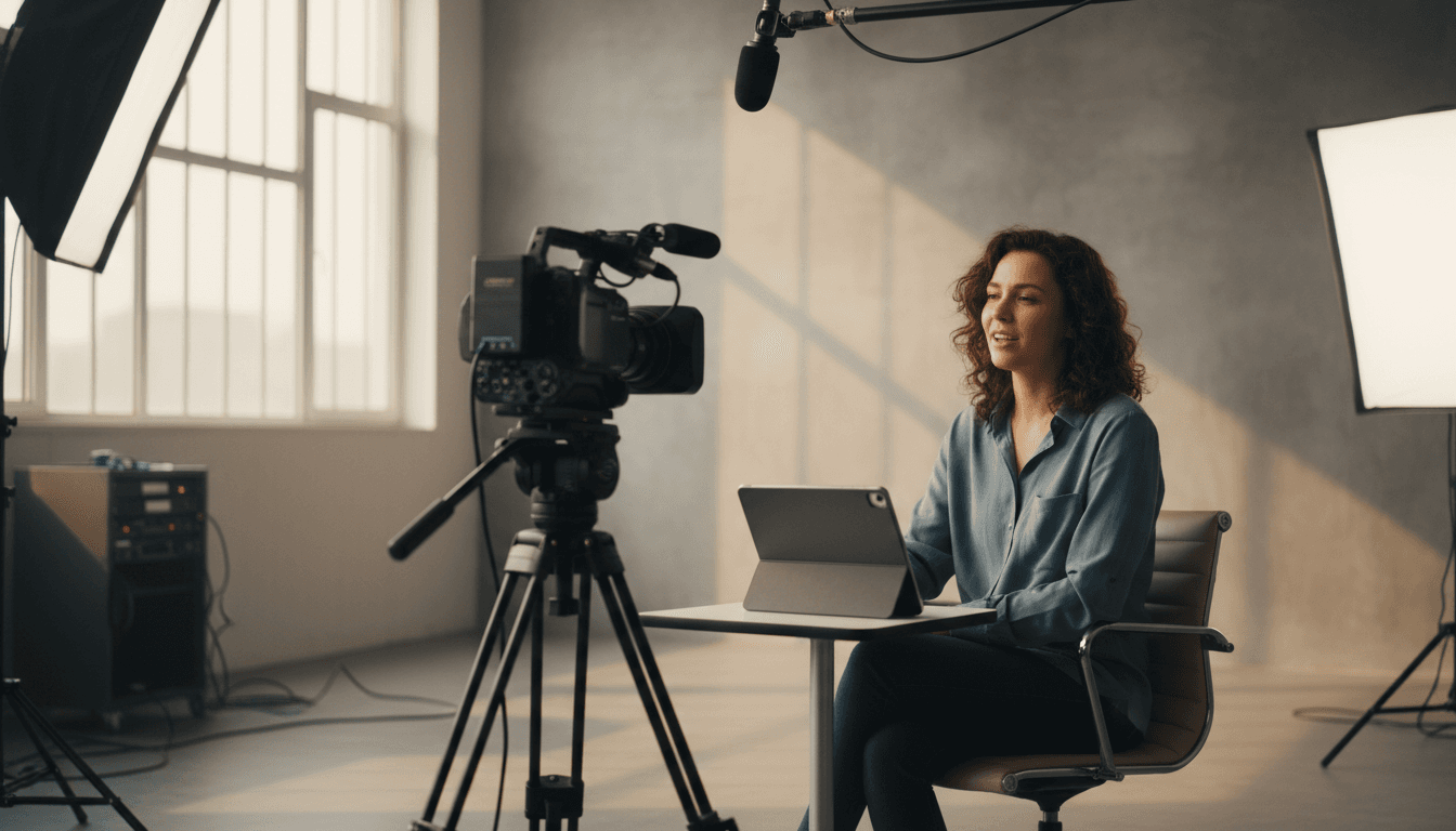 Participant recording video for AI training data collection in professional studio