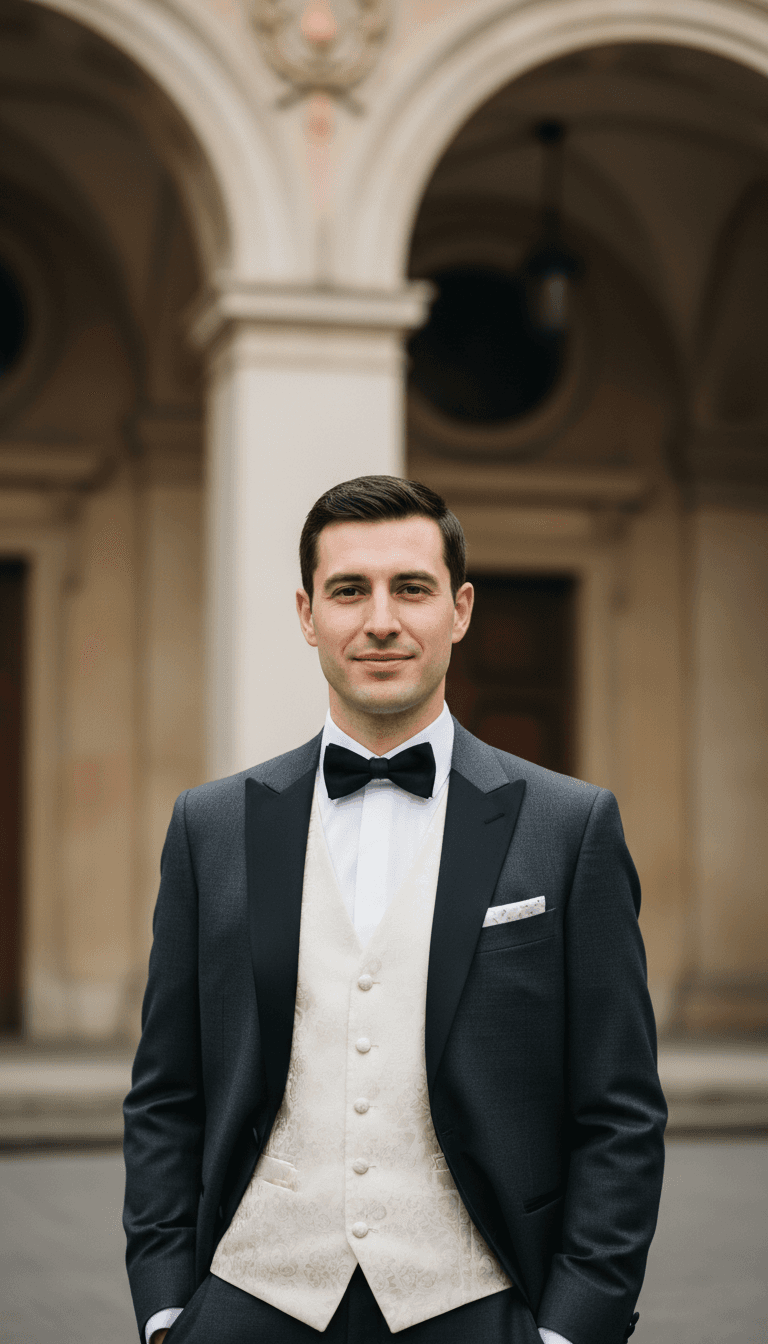 Groom in formal wedding attire standing confidently against blurred architectural background
