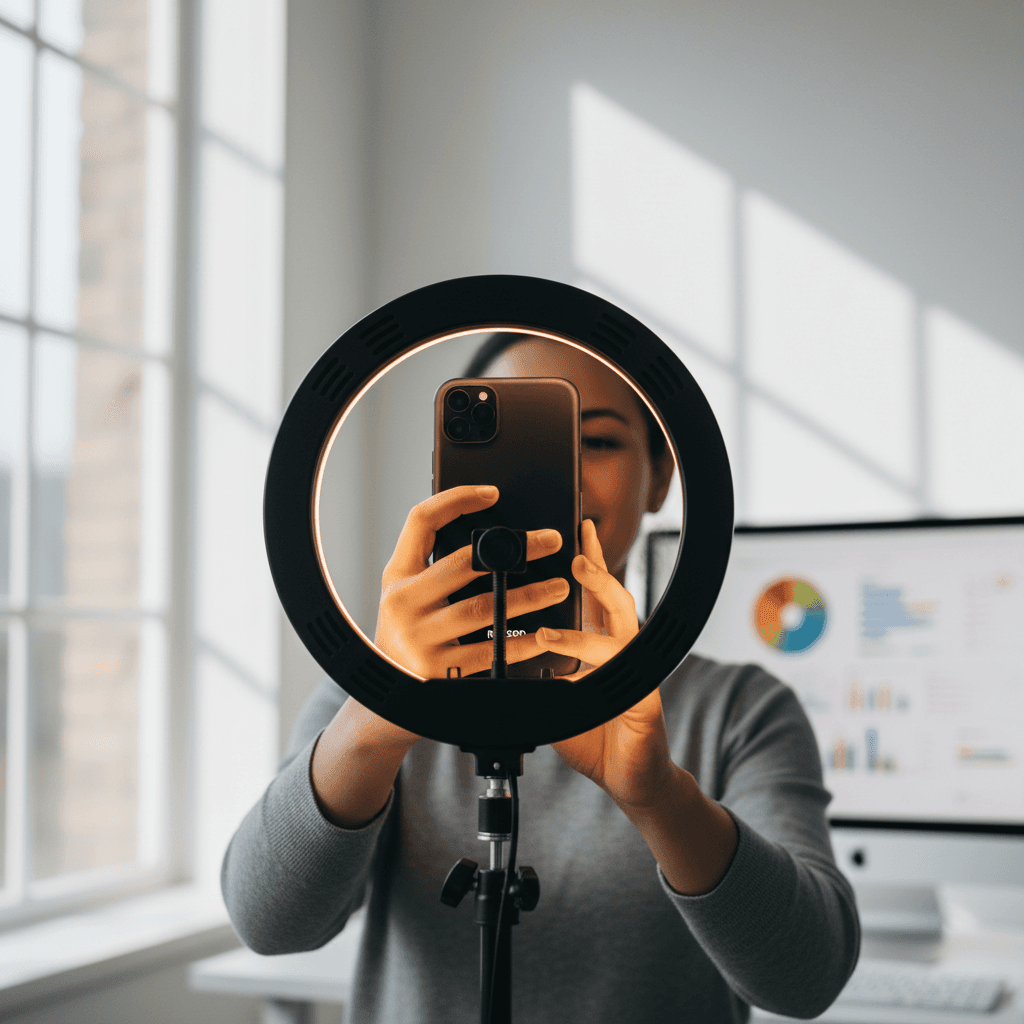 Content creator recording video on smartphone with professional ring light in minimalist home studio setup